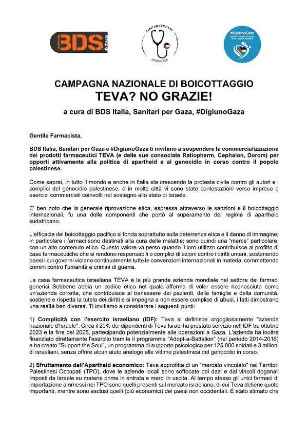 BOICOTTA TEVA LETTERA AI FARMACISTI Luglio 20261
