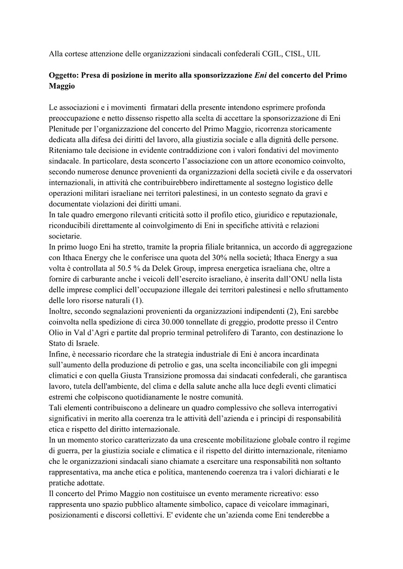 lettera sindacati concerto 1 maggio1 ridim